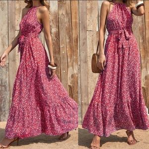 LBoho floral print belted halter maxi dress